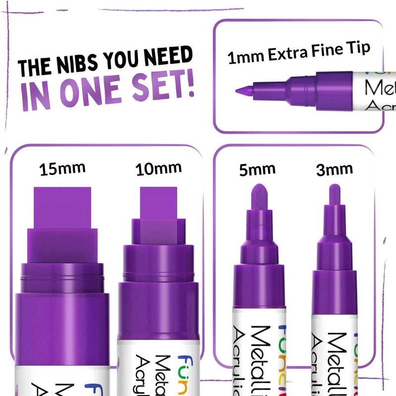 Funcils 5 Metallic Acrylic Purple Paint Pen - Extra Fine Tip, Thin & Jumbo (1mm, 3mm, 6mm, 10mm, 15mm) - Markers for Fabric, Metal, Plastic, Canvas, Wood, Rock Painting, Glass, Purple Permanent Marker - Image 2